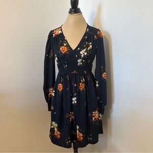 Xhilaration Dark Blue Dress with Orange and White Floral